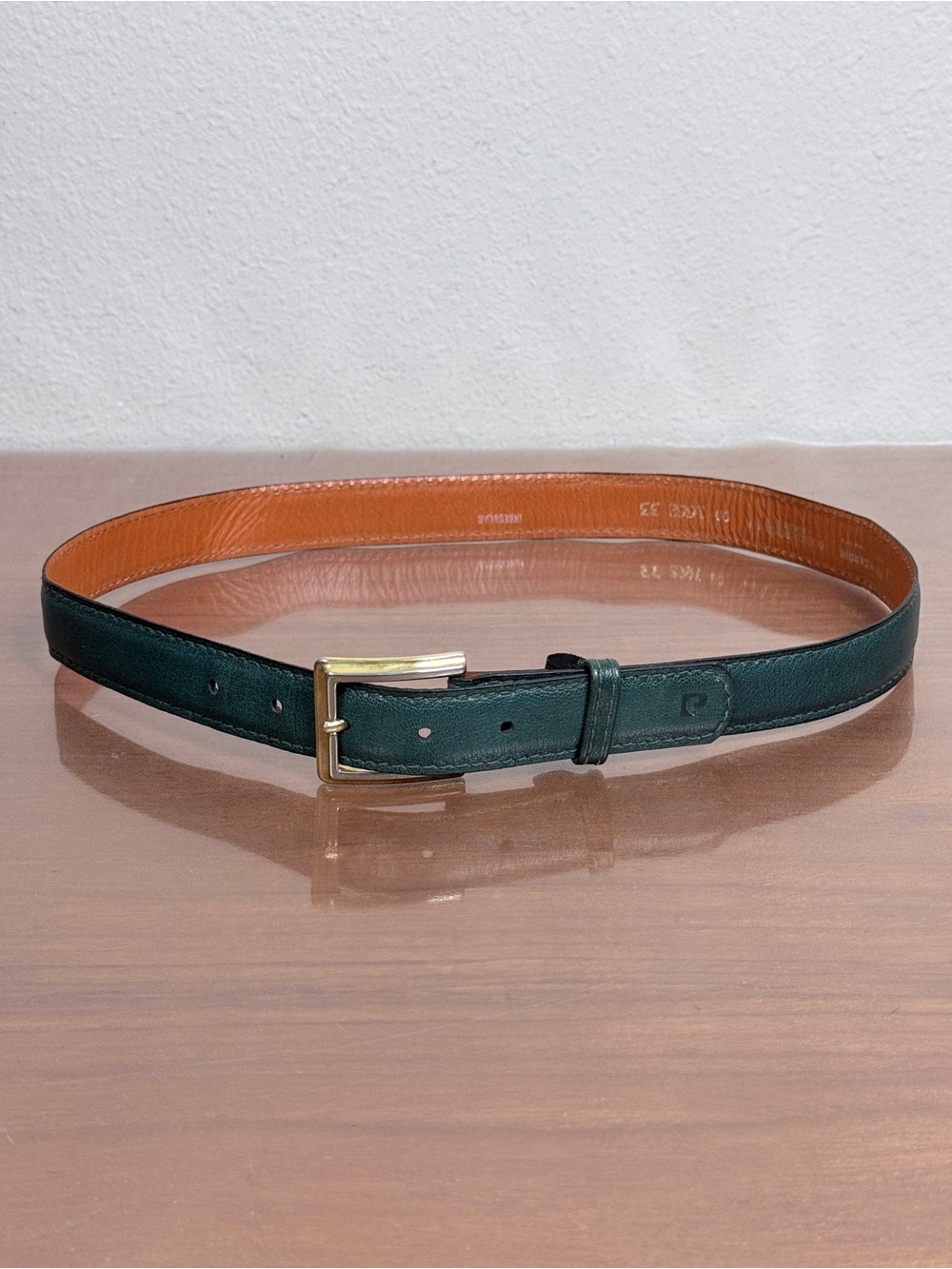 Vintage Pierre Cardin Dark Green Leather Belt Gold & Silver Buckle 34